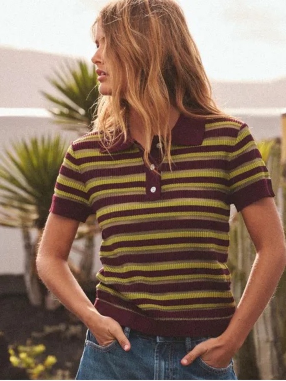 🤎 ZARA Striped Burgundy and Green Short Sleeve Polo Shirt